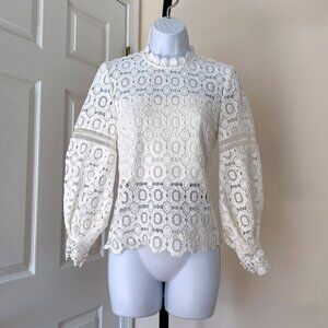 Elegant High-Neck Delicate Lace Pattern White Blouse Back-Zip Closure Size S